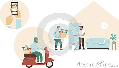 Grocery delivery at home. Concept for food delivery during quarantine. Self isolation Vector Illustration